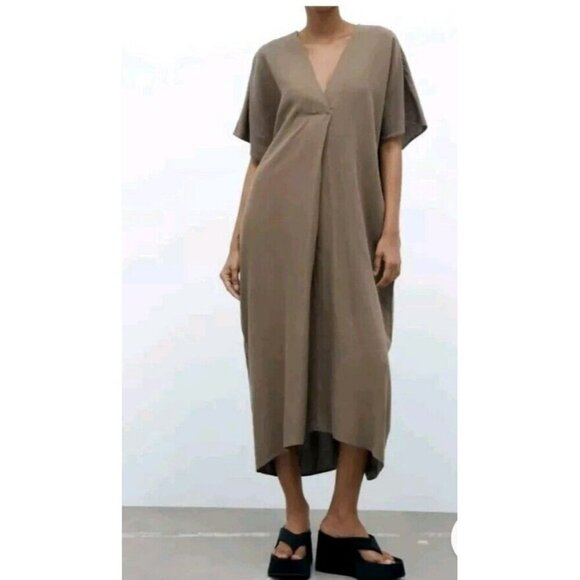 Zara Dresses & Skirts - ZARA Linen Lyocell Tunic Dress with Pleat L Chest 54" Khaki Kaftan 4877 049